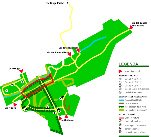 Planimetria generale del Parco di Aguzzano con indicazione dei principali elementi caratteristici e delle attrezzature