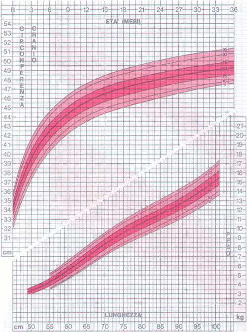 Grafico circonferenza cranica femmine 0-3 anni e rapporto peso / statura