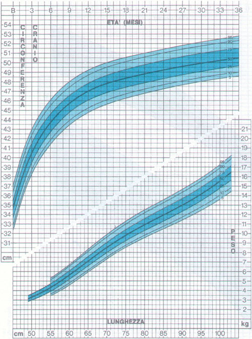 Grafico circonferenza cranica femmine 0-3 anni e rapporto peso / statura