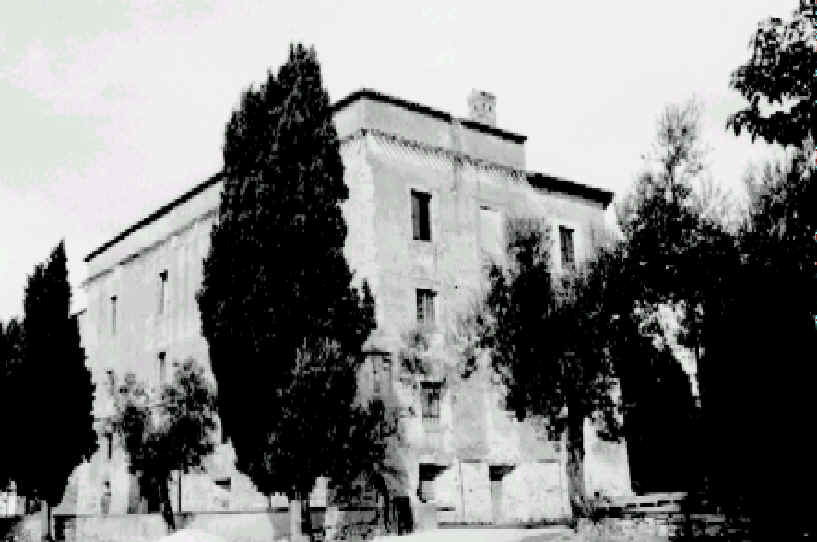 Foto in bianco e nero, scorcio del palazzo baronale. Nella ripresa si vede il palazzo d'angolo contornato da alcuni cipressi.
