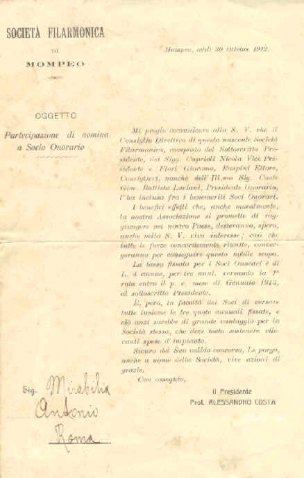 Documento di socio onorario della societ filarmonica di Mompeo, datata 20 ottobre 1912.