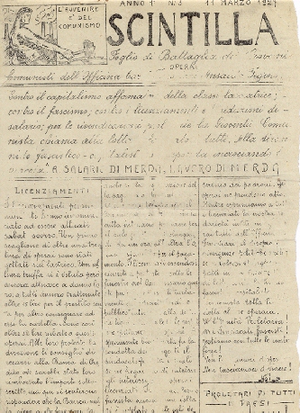 La Scintilla, foglio comunista Off. Carri Ferroviari Ansaldo di Fegino, 11 marzo 1927