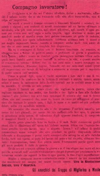 Manifesto contro  la guerra degli anarchici di Migliarino (La Spezia), marzo 1915