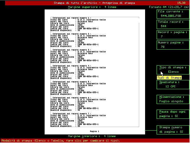 Anteprima di stampa con il programma Gestione Biblioteca per DOS