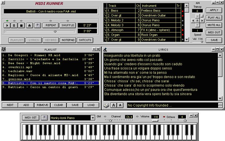 MidiRunner - MIDI/MP3/CD Player with Keyb.Track edit,Lyric