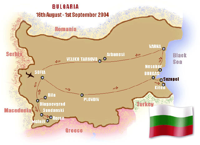 Map of Bulgaria, showing route taken during holiday