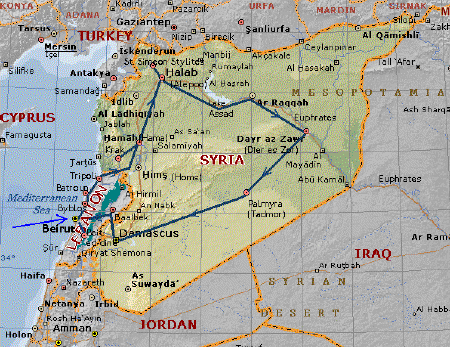 Map of Lebanon and Syria with Travel Itinerary