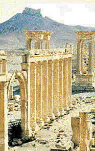 Colonnade with Arab Fortress in background, Palmyra, Syria