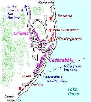 Map of Cadenabbia and Griante showing start of walk to San Martino