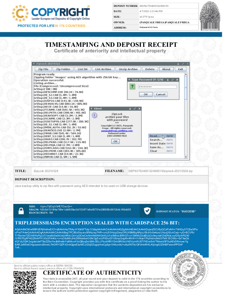 ZipLock deposit certificate