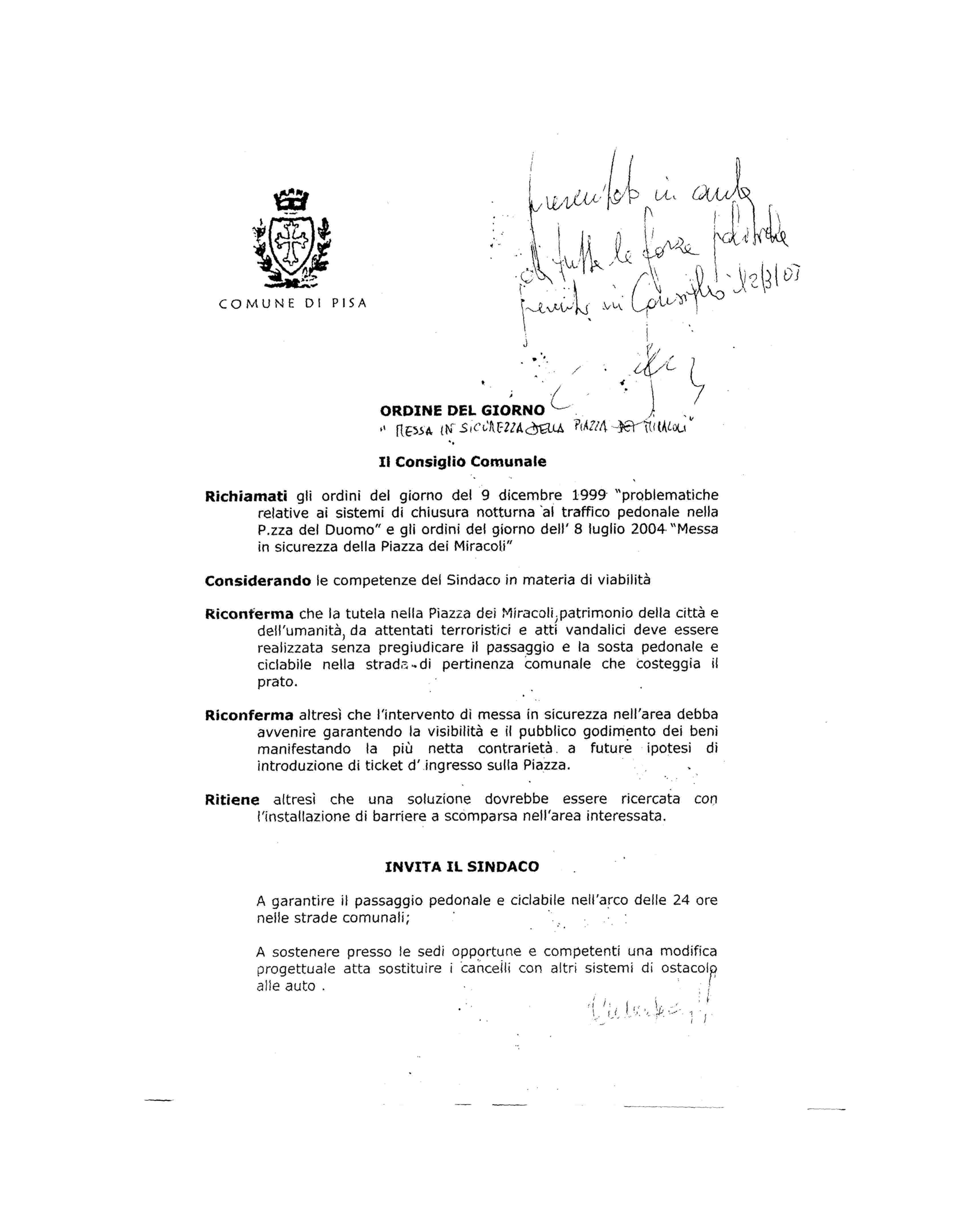 Ordine del giorno approvato dal  Consiglio Comunale di Pisa, 3 marzo 2005