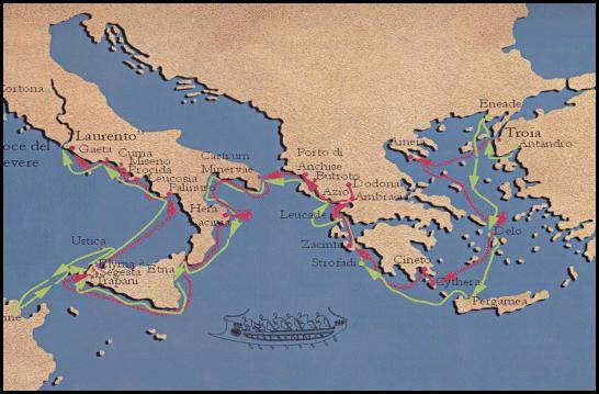 Viaggio di Enea secondo Virgilio  (linea verde) e Dionigi di Alicarnasso (linea rossa) Ricostruzione di M.T.D'Alessio