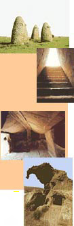 Foto, dall'alto: betili; il pozzo sacro di Santa Cristina a Paulilatino; la tomba ipogeica di Anghelu Ruju ad Alghero; la famosa Roccia dell'elefante, che comprende una domus de janas.