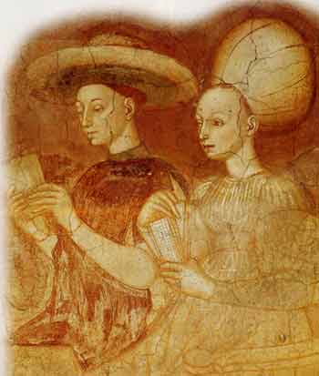 Milano, Palazzo Borromeo: affresco con dama e cavaliere che giocano a carte (prima met del XV secolo)