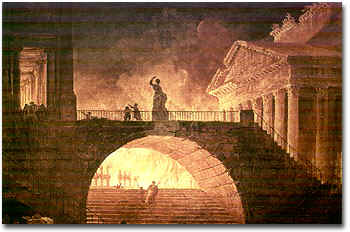 HUBERT ROBERT, L'incendio di Roma del 64 d.C., olio su tela, fine XVIII secolo (Le Havre, Muse des Beaux-Arts)