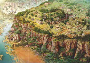Palatino: villaggio ptotourbano sulla sommit del "Cermalo"; in basso a sinistra la grotta del Lupercale (ricostruzione di A. Carandini e P. Brocato) 