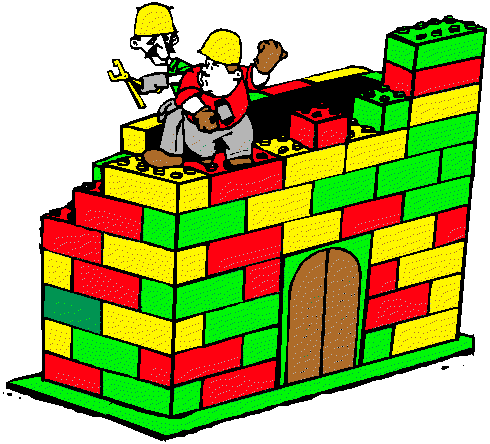Due omini stanno costruendo un edificio con i mattoncini del tipo lego. I mattoncini sono di colore rosso, verde e giallo. I due omini, uno pi grasso e basso e l'altro un p pi alto smilzo e con i baffi, sono sulla cima dell'edificio. 