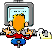 descrizione figura: Un'iconcina con grafica da fumetto dove un ragazzo (visto di spalle)  seduto davanti al computer e mentre muove le mani sulla tastiera un testo stilizzato scorre sul video del suo computer.