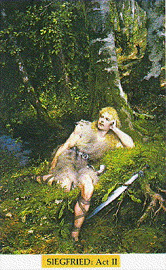 ::Siegfried nel bosco ascolta il cinguettio di un uccello prima di raggiungere la tana di Fafner::